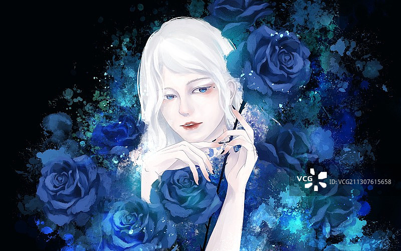 篮玫瑰白发少女图片素材