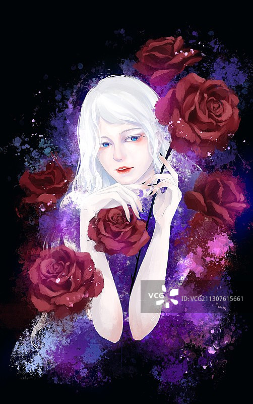 红玫瑰白发少女图片素材