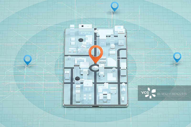 手机上的3D城市与定位标记 3D渲染图片素材