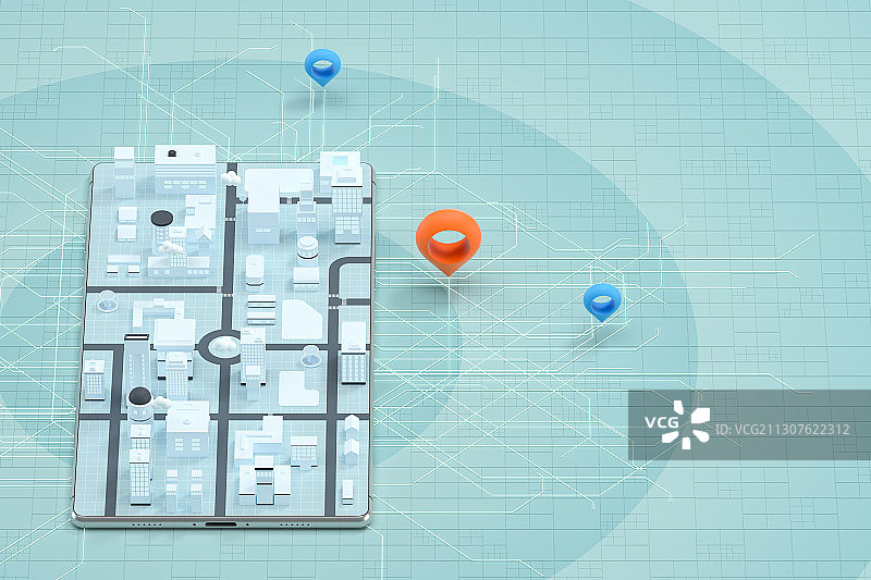 手机上的3D城市与定位标记 3D渲染图片素材