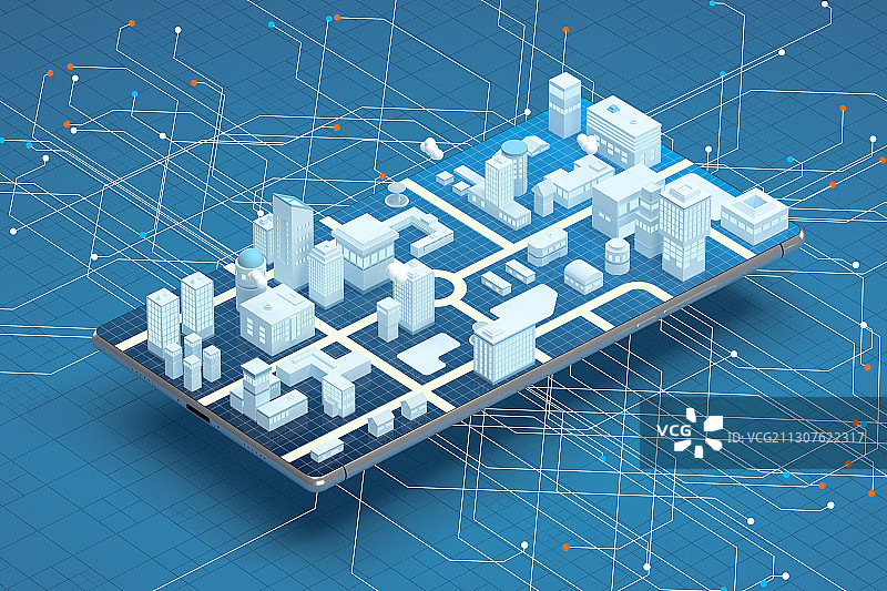 手机上的3D城市模型 3D渲染图片素材
