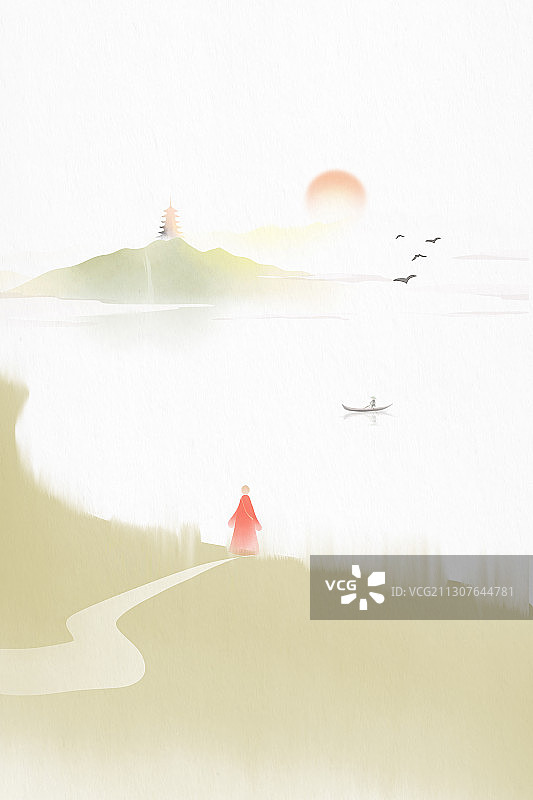 渡口等船的僧人风景插画图片素材