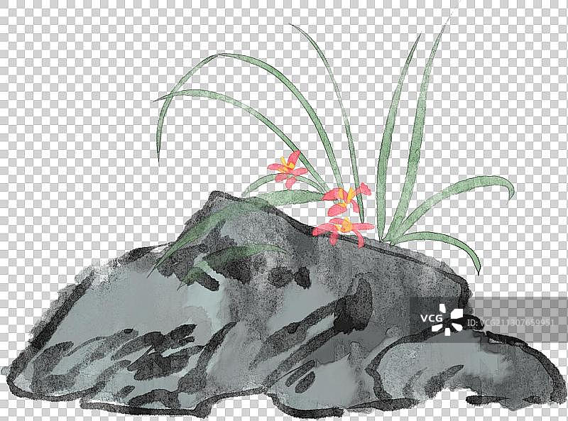 国画兰花石头元素图片素材
