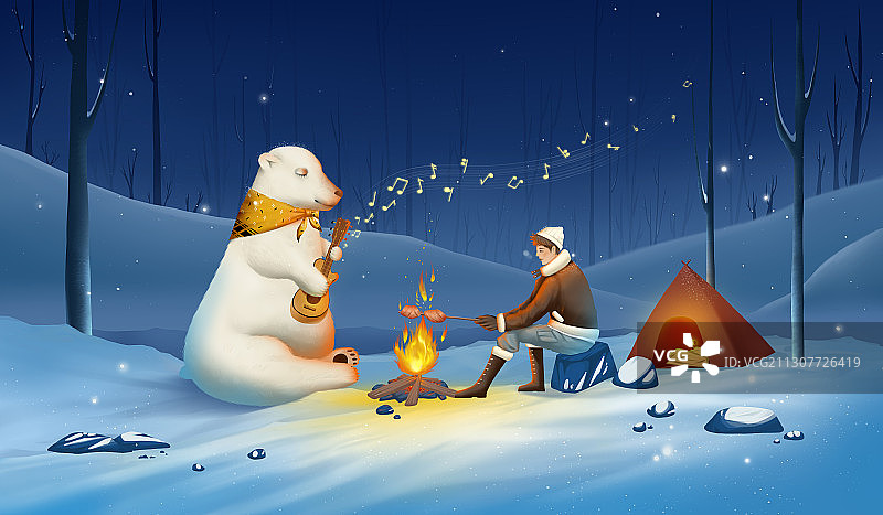 雪地夜晚弹吉他的北极熊和烤肉的人插画横图片素材