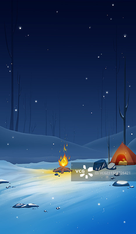 雪地夜晚的篝火和帐篷插画场景竖图片素材