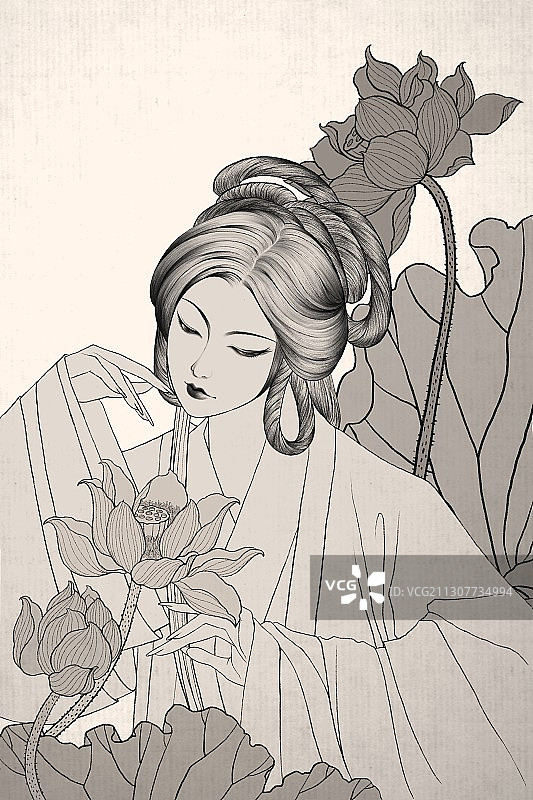 中国风白描线条荷花美人图图片素材