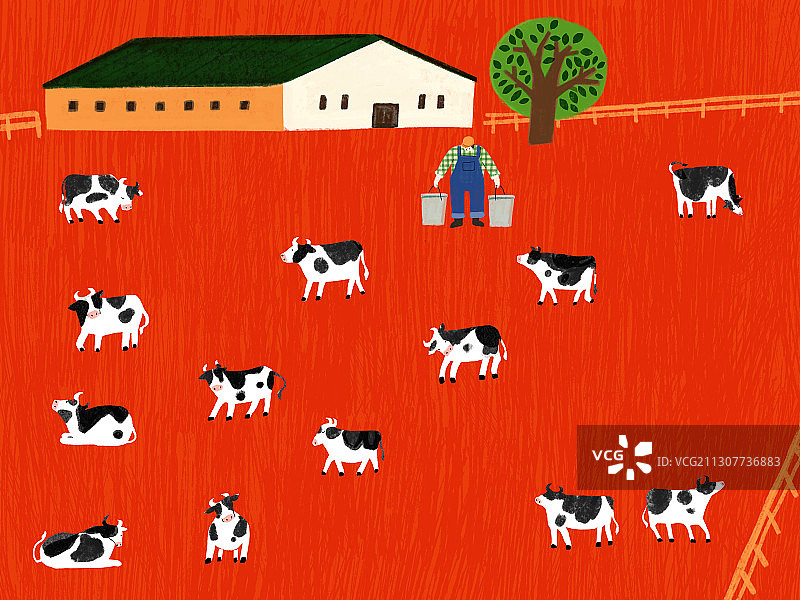 奶牛养殖场可爱风插图手绘图片素材