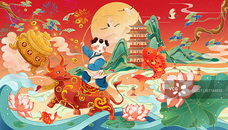 牛年插画骑牛钓鱼的散财童子图片素材