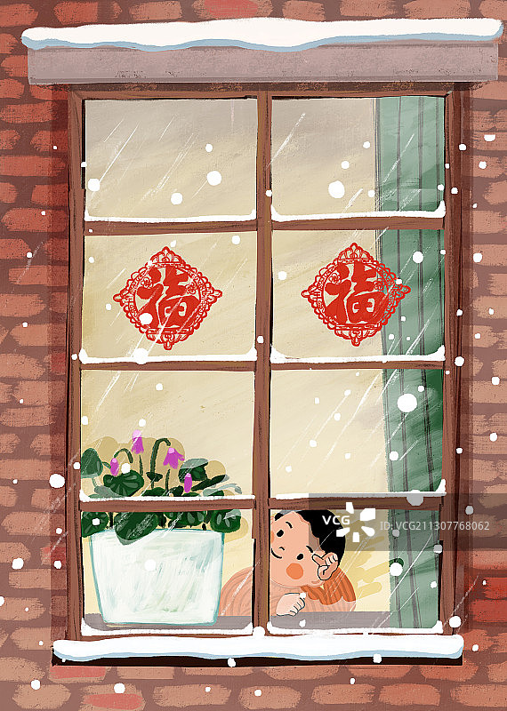 下雪天窗前的小孩插图图片素材