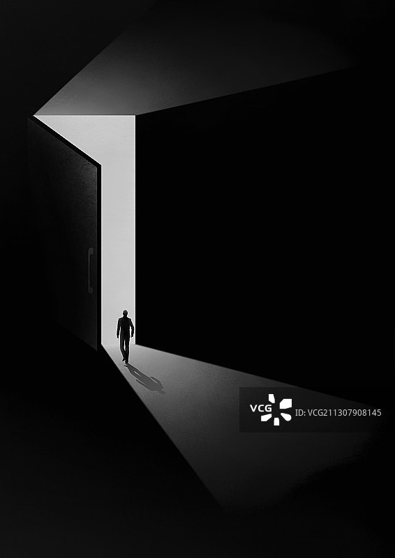 男人走向黑暗中的光线插图图片素材