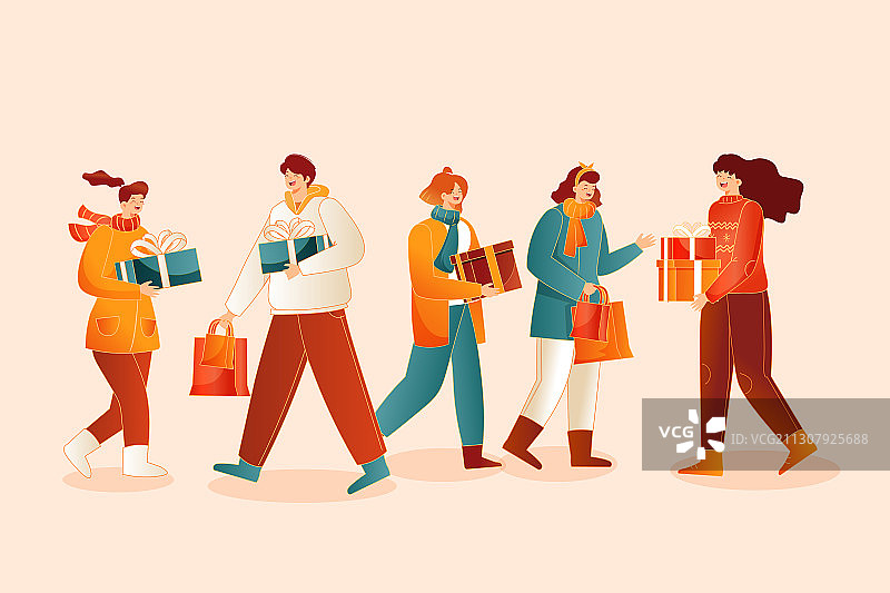 卡通冬季新年春节购物电商年货节集市促销店铺家人团圆矢量插画图片素材