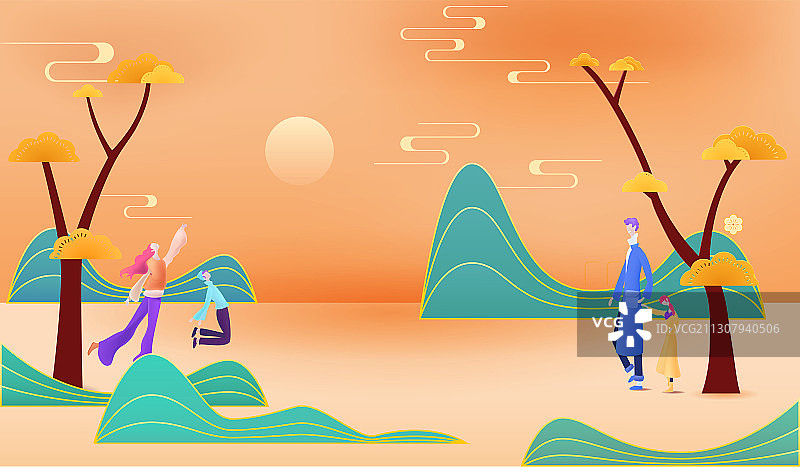 2021年春节回家过年的一家四口手绘海报插画素材图片素材