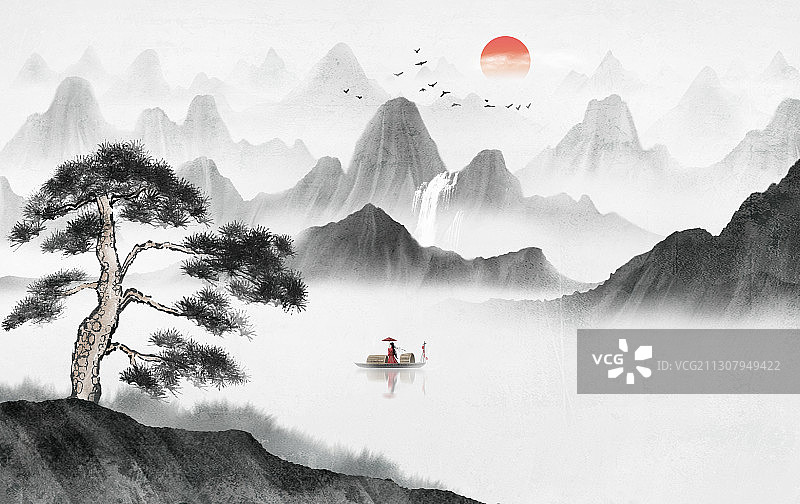 迎客松水墨山水画图片素材