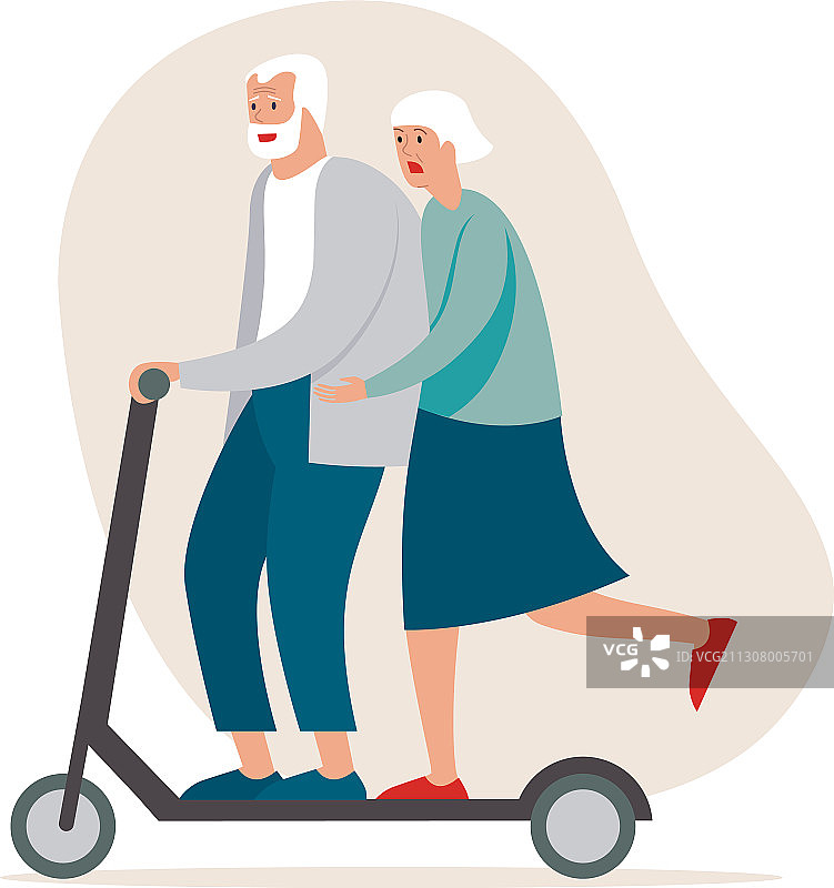 活力老年夫妇骑电动滑板车图片素材