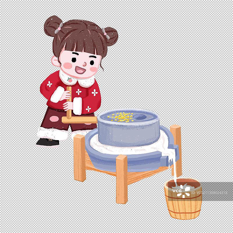 磨豆腐小女孩元素PNG图片素材