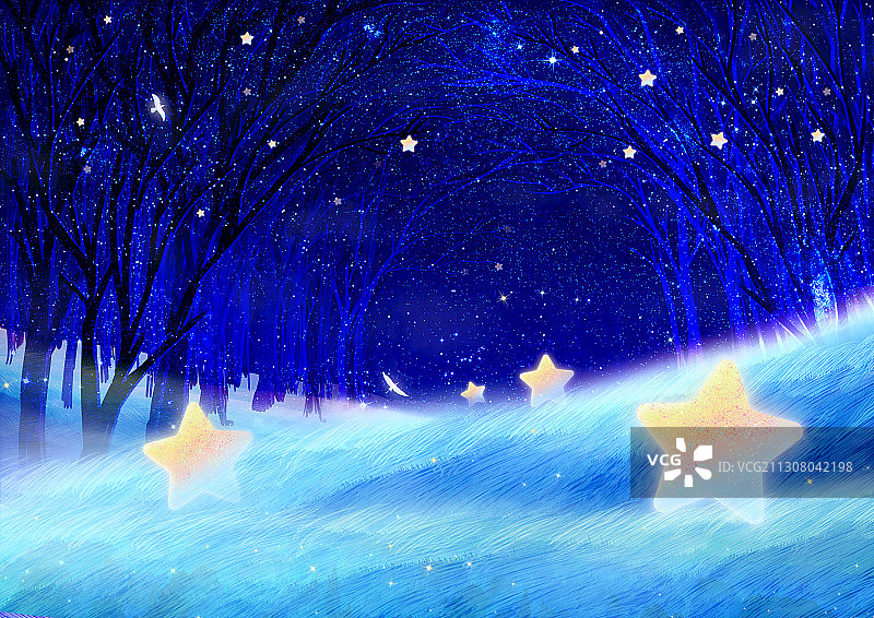 星星在森林里的草坪上发出光茫插画背景图片素材