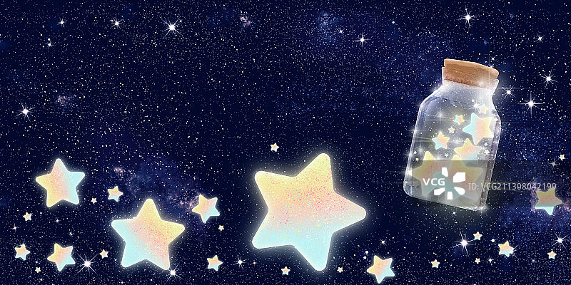 装着发光星星的玻璃瓶漂浮在黑暗背景插画图片素材