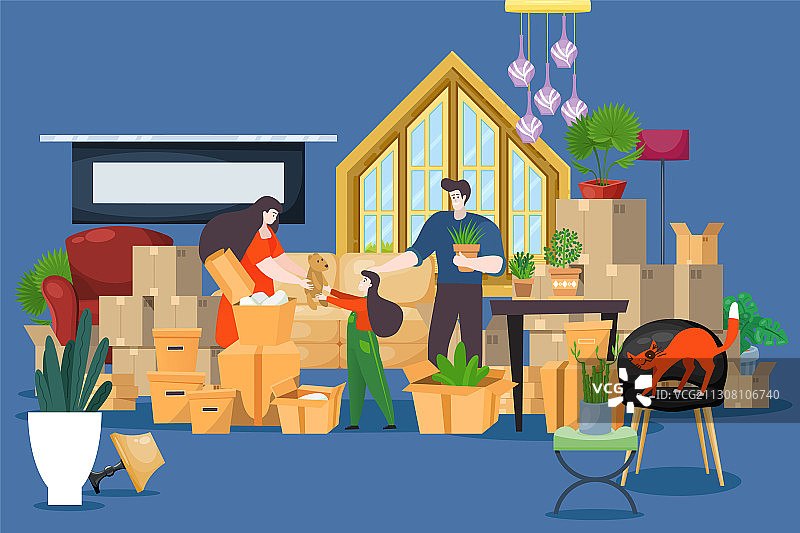 搬家家庭人们打开盒子图片素材