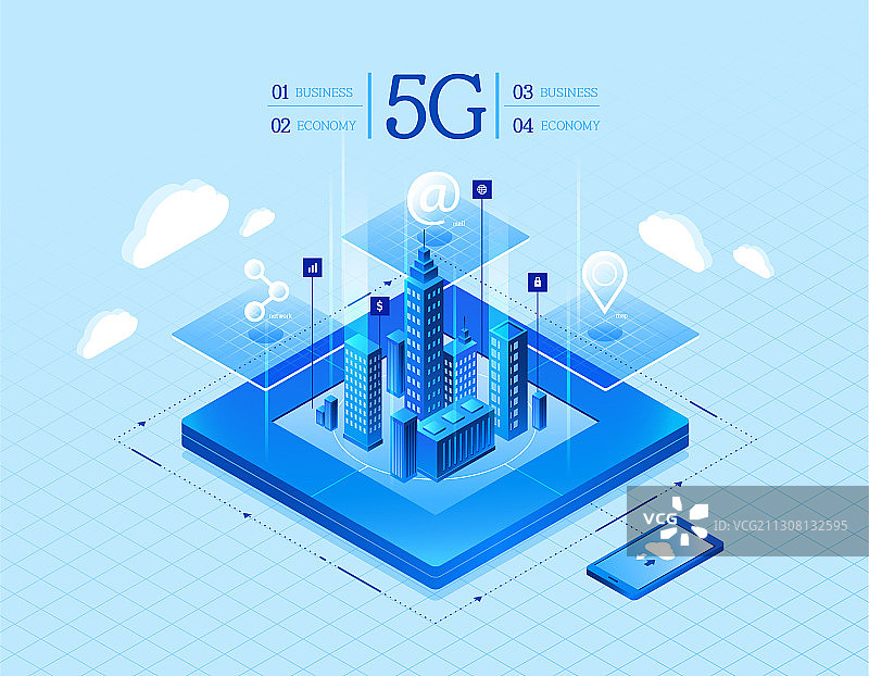 以建筑外观和智能手机为主题的5G矢量背景图片素材
