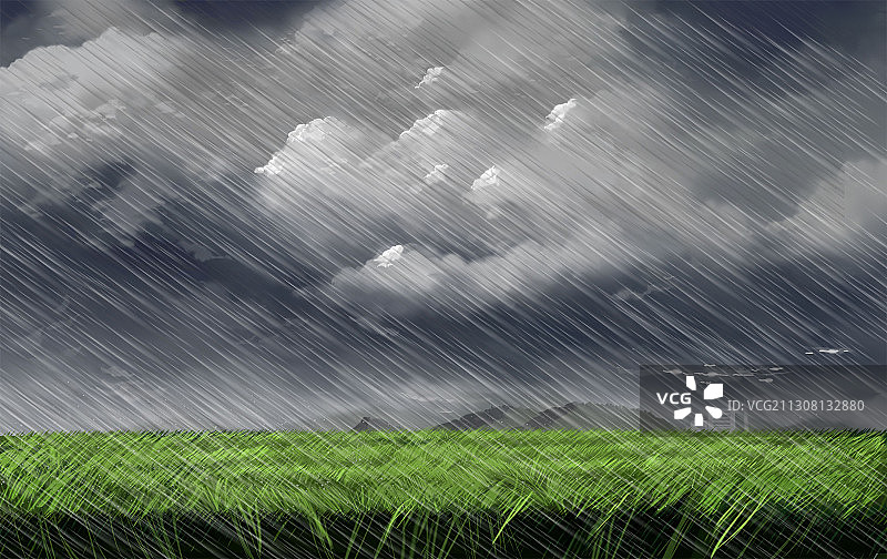 灰色天空和原野的台风夏季主题插画图片素材