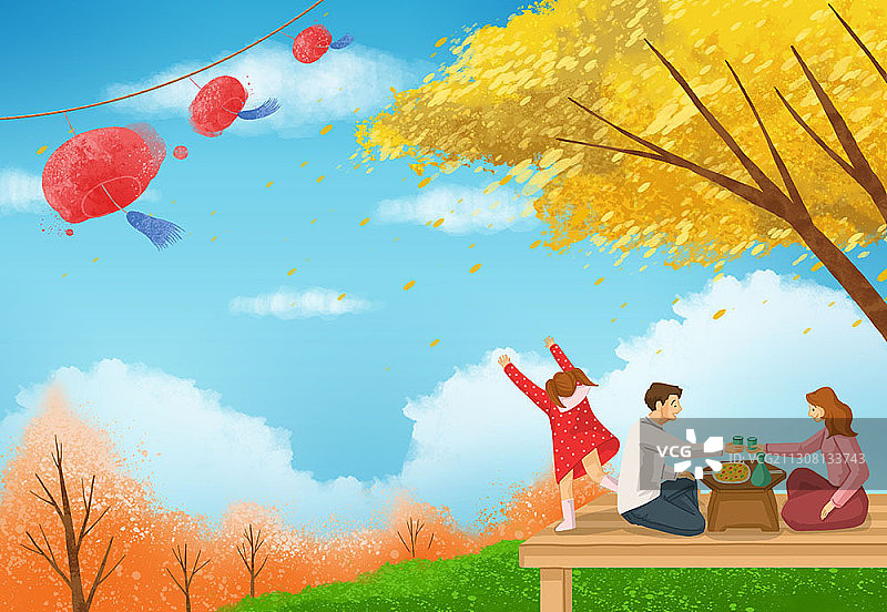 中秋节主题：家人在枫树下矮木凳上吃韩式煎饼图片素材