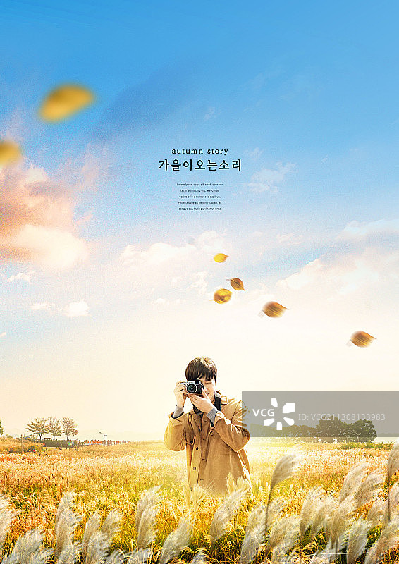 秋季主题编辑图像：男人在芒草地拍照图片素材