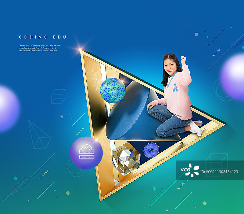 编码教育主题图片：女孩在三角形背景上做出欢呼手势图片素材