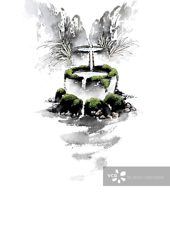 水墨画：山中青苔古井图片素材