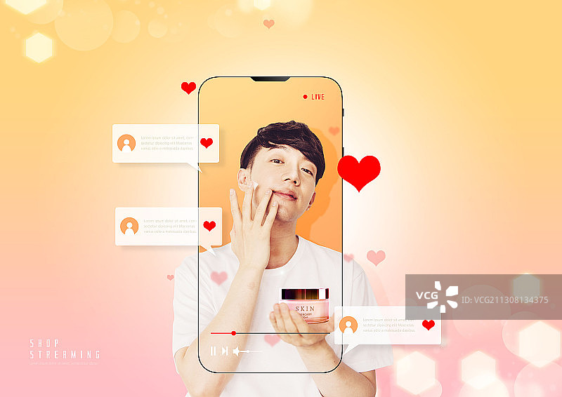 商店直播主题图片：男人使用智能手机在线聊天，讨论皮肤护理图片素材