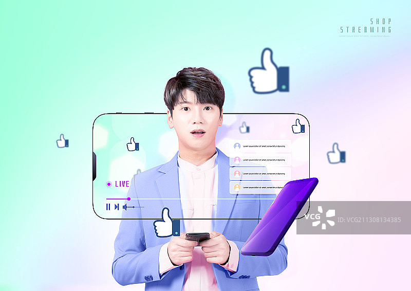 男孩使用智能手机进行在线聊天的商店主题图片图片素材