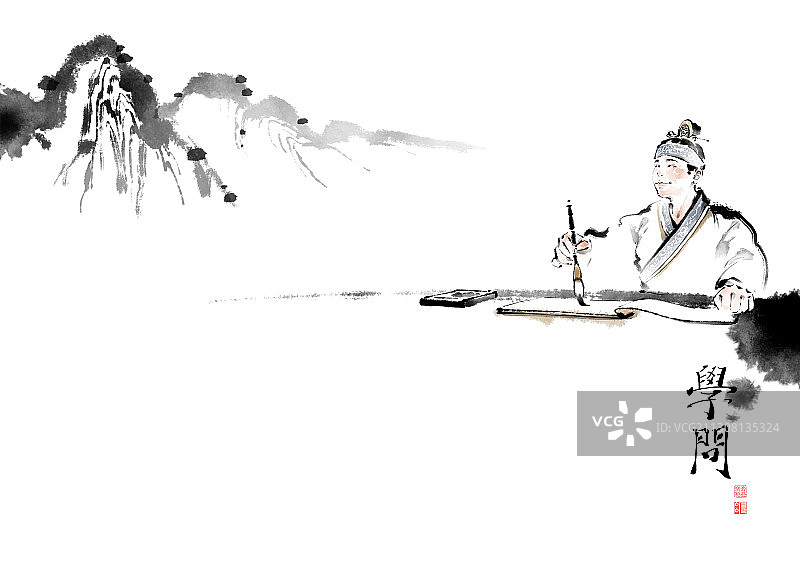 水墨画：青年学习场景与附有中国书法的山水图片素材