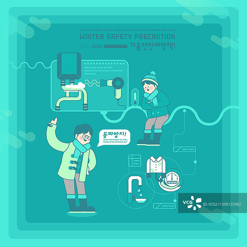 关于冰冻和爆裂的冬季安全注意事项主题插画，两个男孩在警告图片素材