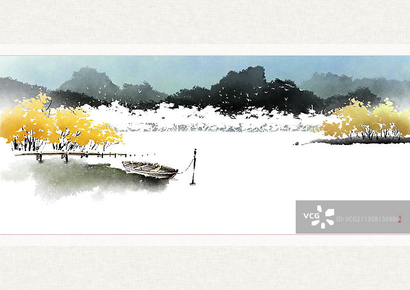 中国风小船河岸绘画图片素材