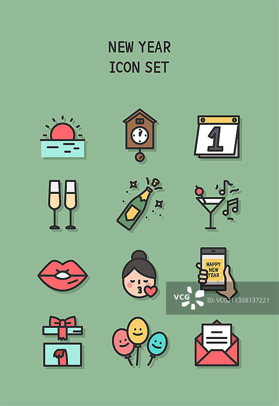 绿色背景上的新年图标集派对主题矢量插画图片素材