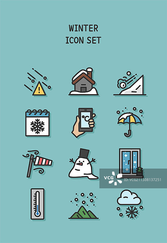 绿色背景上的冬季天气主题矢量图标图片素材