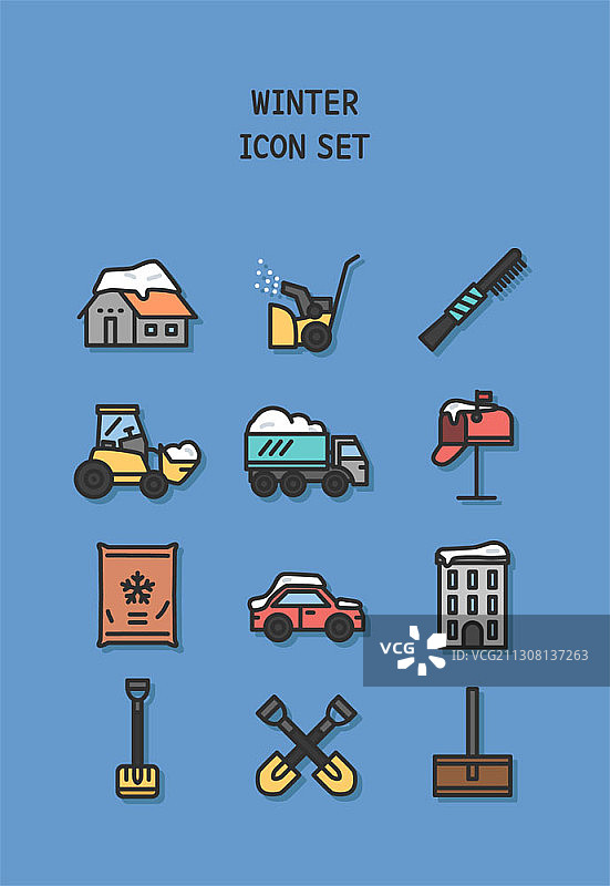 冬季蓝色背景上的建筑主题矢量图标图片素材