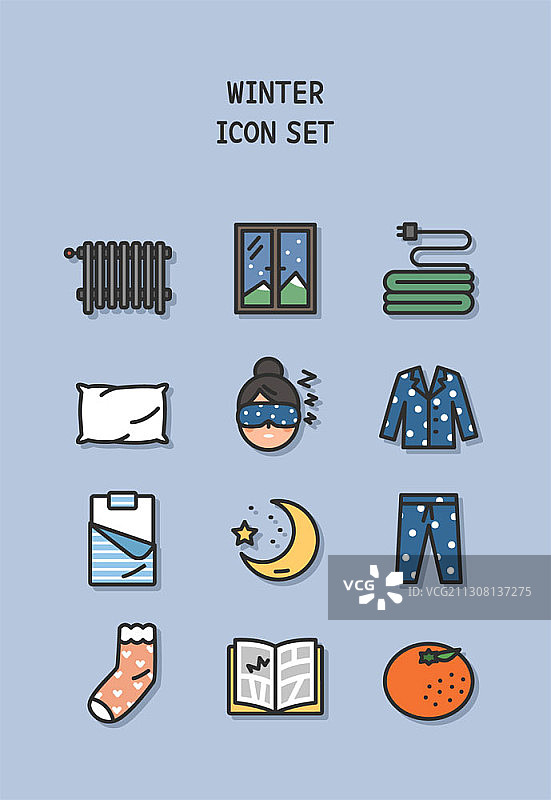 蓝色背景上的冬季家居主题矢量图标图片素材