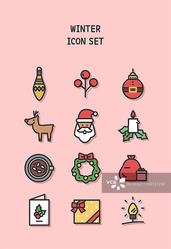 粉色背景冬季圣诞节主题矢量图标图片素材