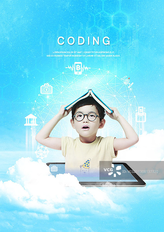 编码教育主题编辑图片：男孩举着书和数码平板电脑图片素材