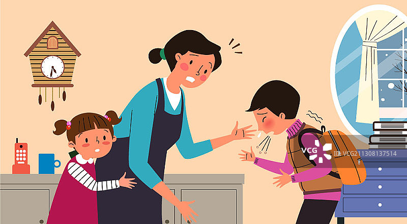 医疗主题矢量插图：母亲和女儿惊讶地看着在家咳嗽的男孩图片素材