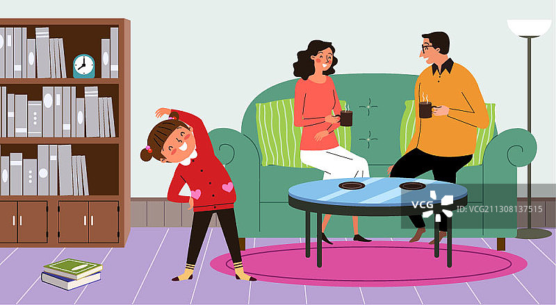 医疗主题矢量插图：父母在家喝咖啡，女孩做伸展运动图片素材