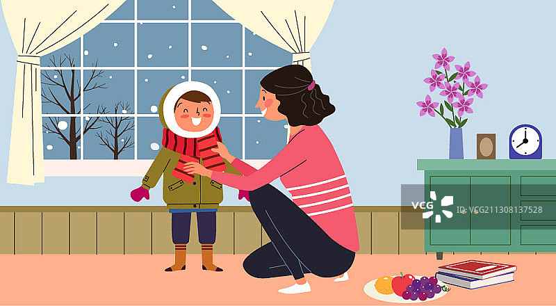 妈妈帮助男孩穿衣服的冬季主题矢量插画图片素材