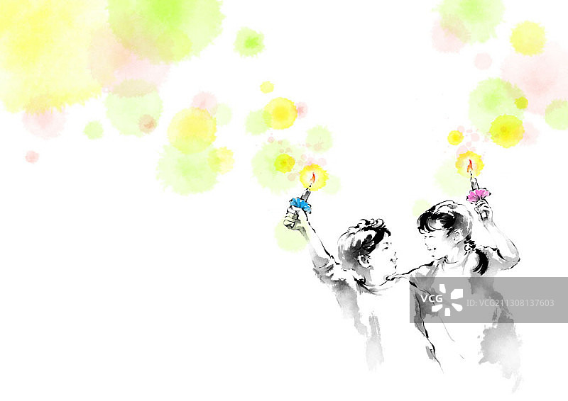 儿童手持烛光的水墨画主题图片素材