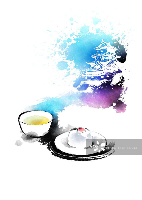 日式美食水墨画，含米饼和茶图片素材
