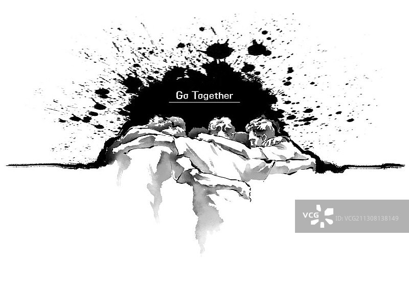 团结主题水墨画：运动队肩并肩图片素材