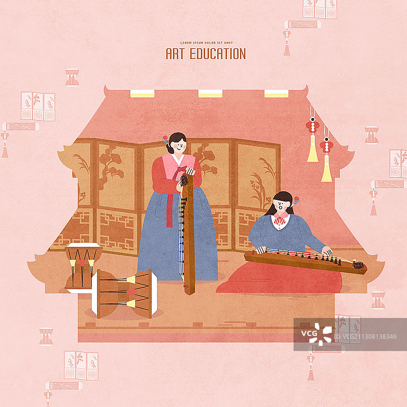 艺术教育主题插画：穿韩服的女子演奏传统乐器图片素材
