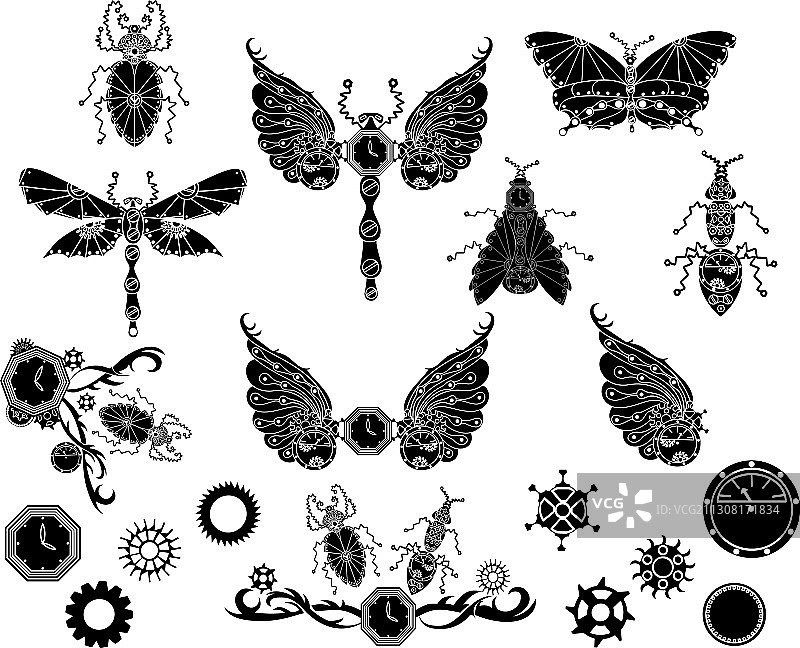 蒸汽朋克昆虫剪影涂鸦图片素材