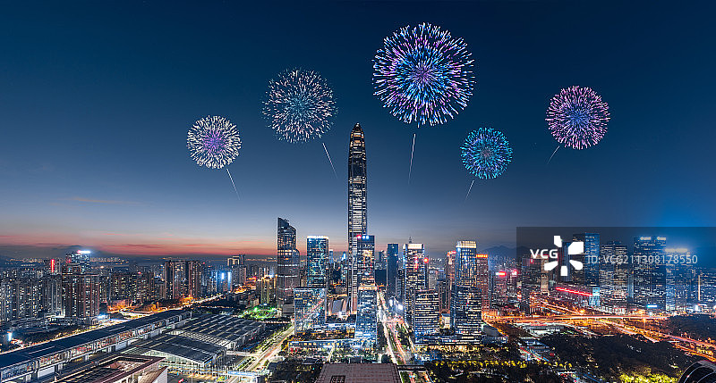 深圳福田CBD平安金融中心繁华夜景和烟花图片素材