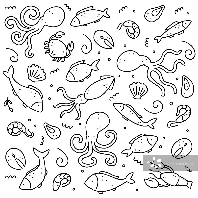 手绘海鲜元素涂鸦素材图片素材