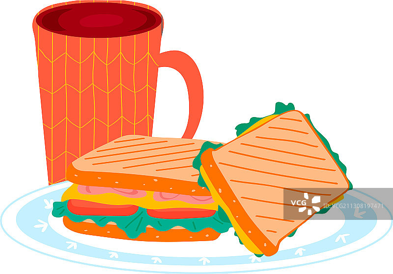 茶杯与早餐三明治食物图片素材